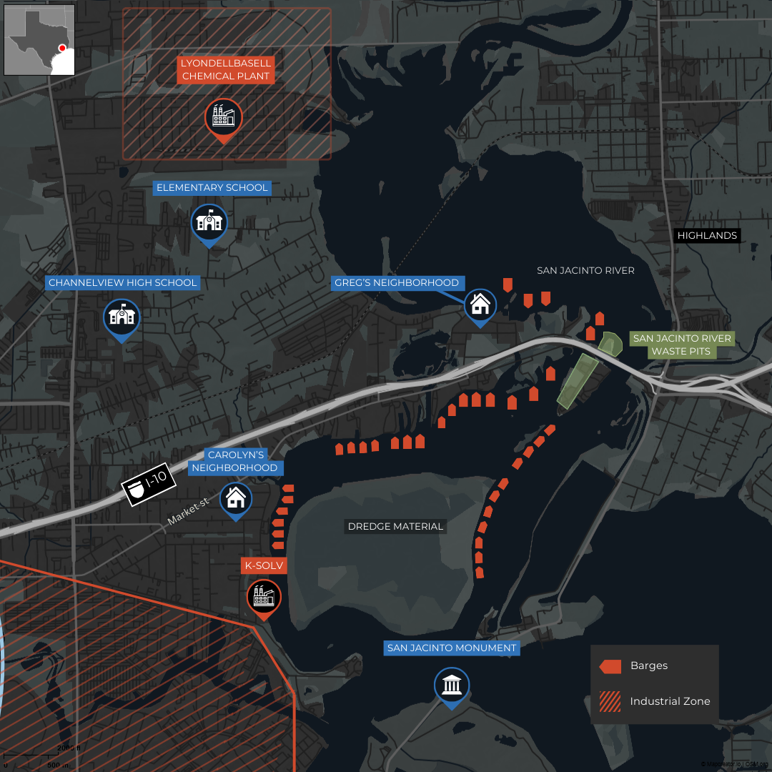 Large Map that shows the location of Channelview, Texas, and the surrounding industrial zones